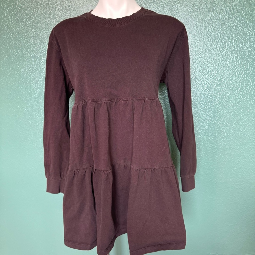 Zara Large Brown Short Tiered Dress Mini Dress Long Sleeves